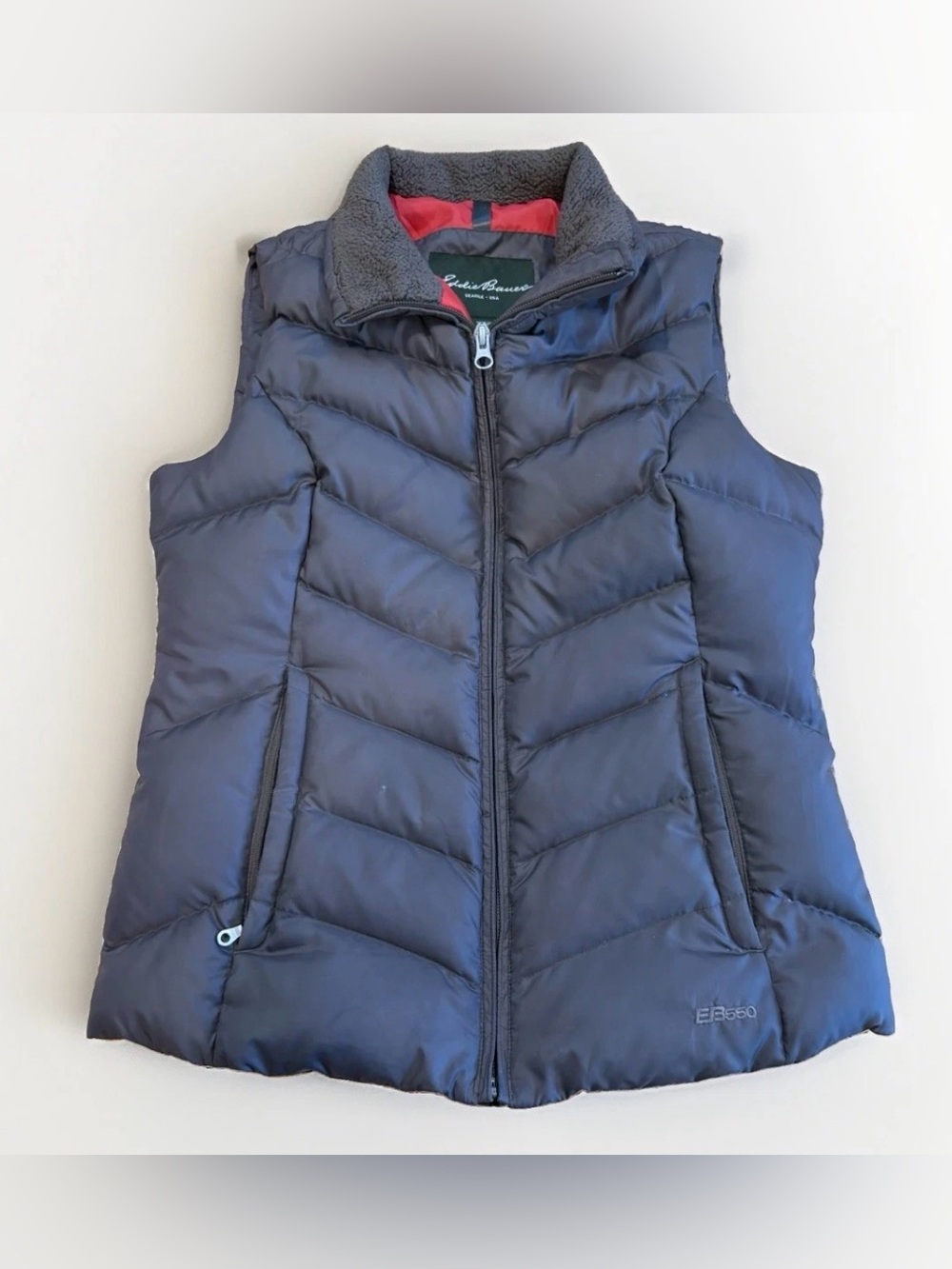 Eddie Bauer eb550 Down Filled Puffer Vest Women's XS Gray Red Sherpa Pockets